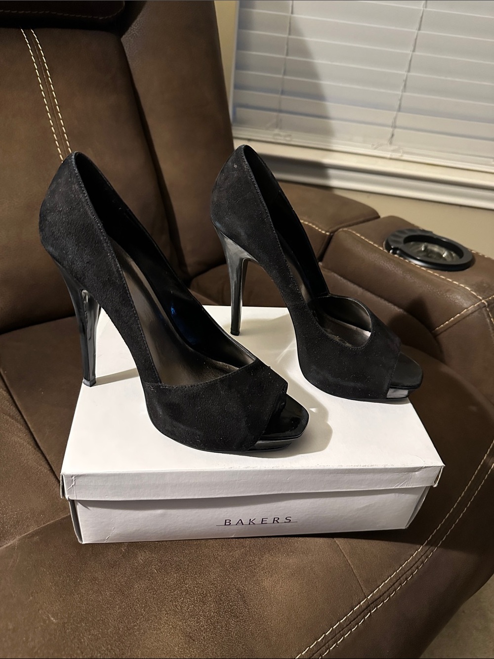 Bakers “Eliot” Black Suede Peep-Toe Stiletto Heels